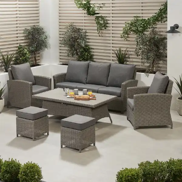 Grey Rattan Garden 3 Seater Lounge Sofa with Rising Table