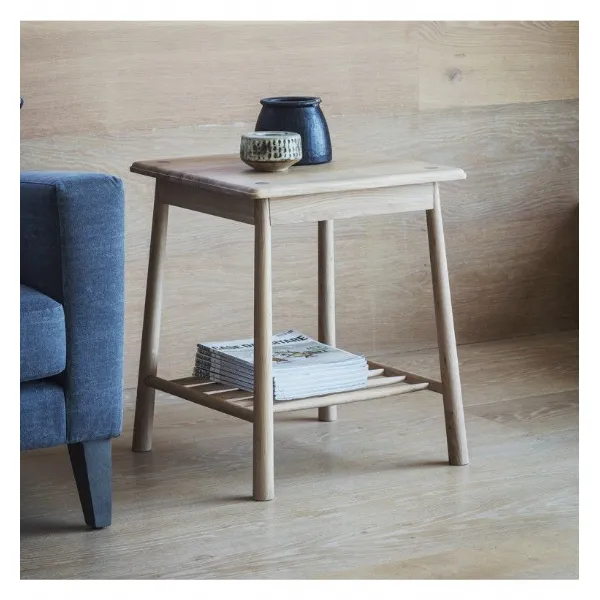Small Oak 50cm Square Side Lamp Table with Spindle Shelf