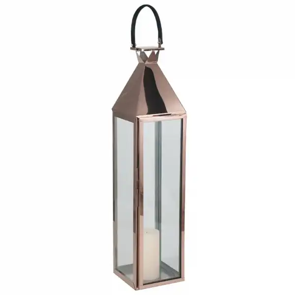 Copper and Glass Large Lantern with Candle Holder