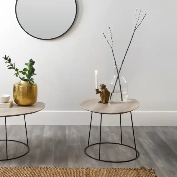 Modern White Oak Effect Oval Side Table Black Metal Frame