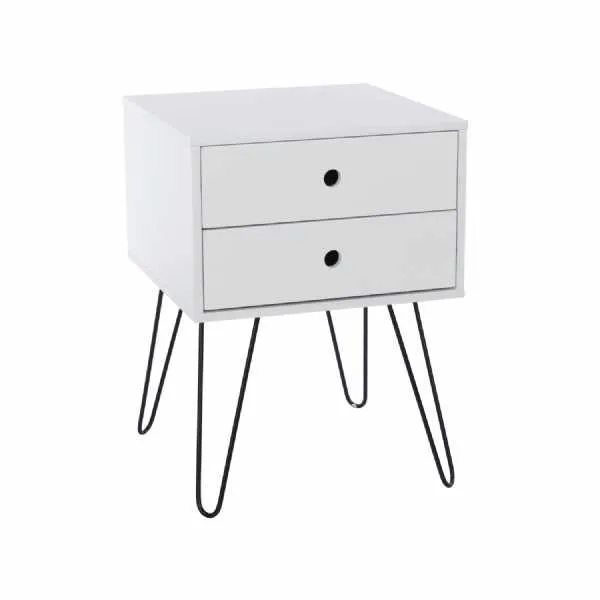 White Painted Bedside Chest Cabinet 2 Drawers Black Metal Hairpin Legs
