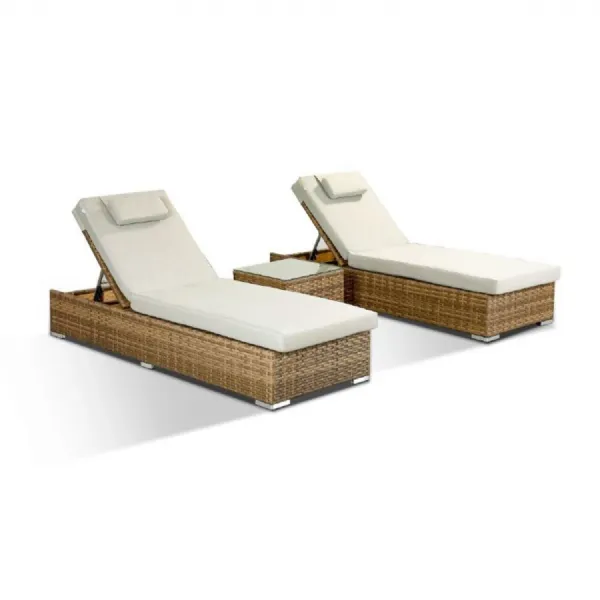 Creole | Set of 2 Sun Loungers with Side Table in Medium Brown Rattan by Rattan Republic