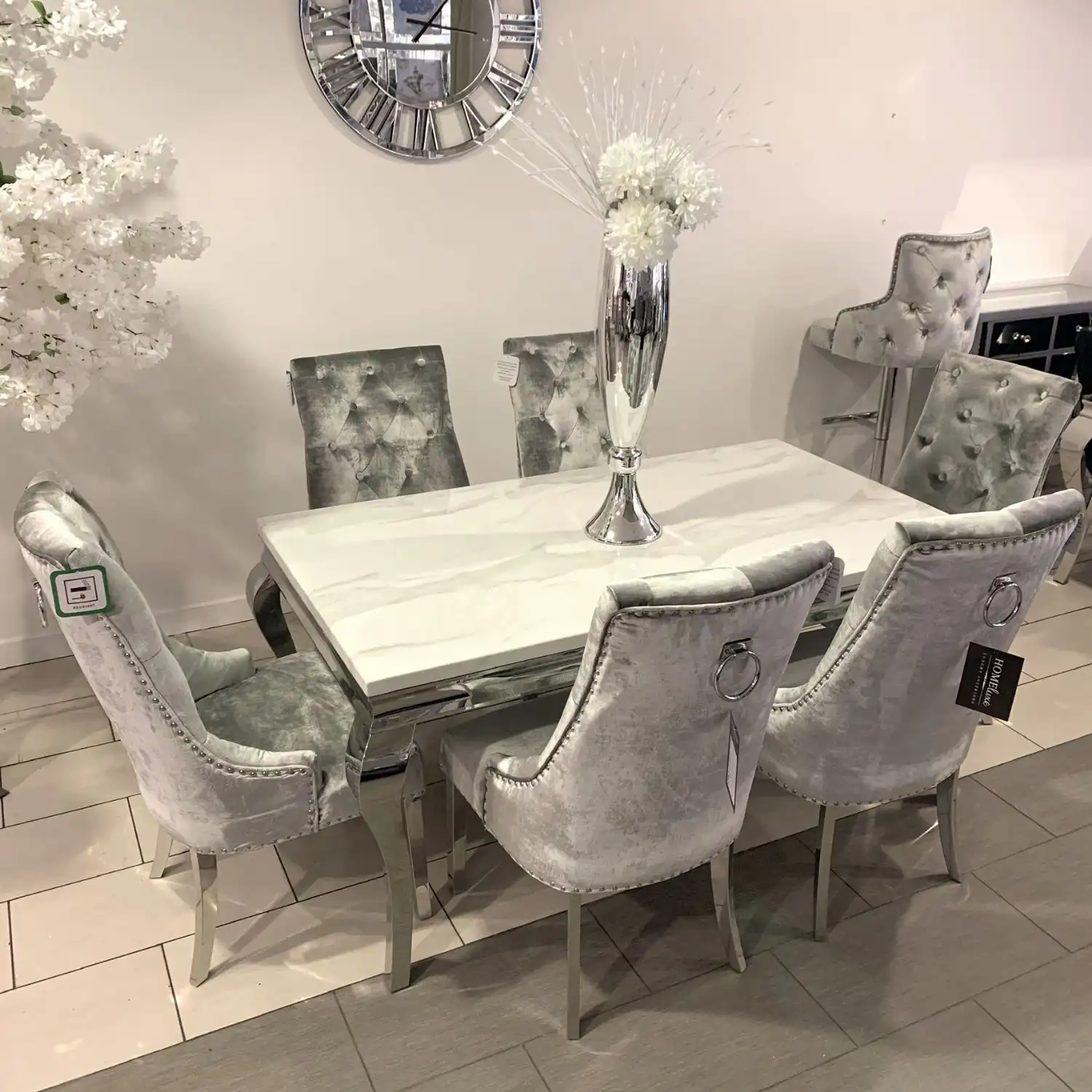 1.6m Marble White Dining Table Isabella Silver Chairs