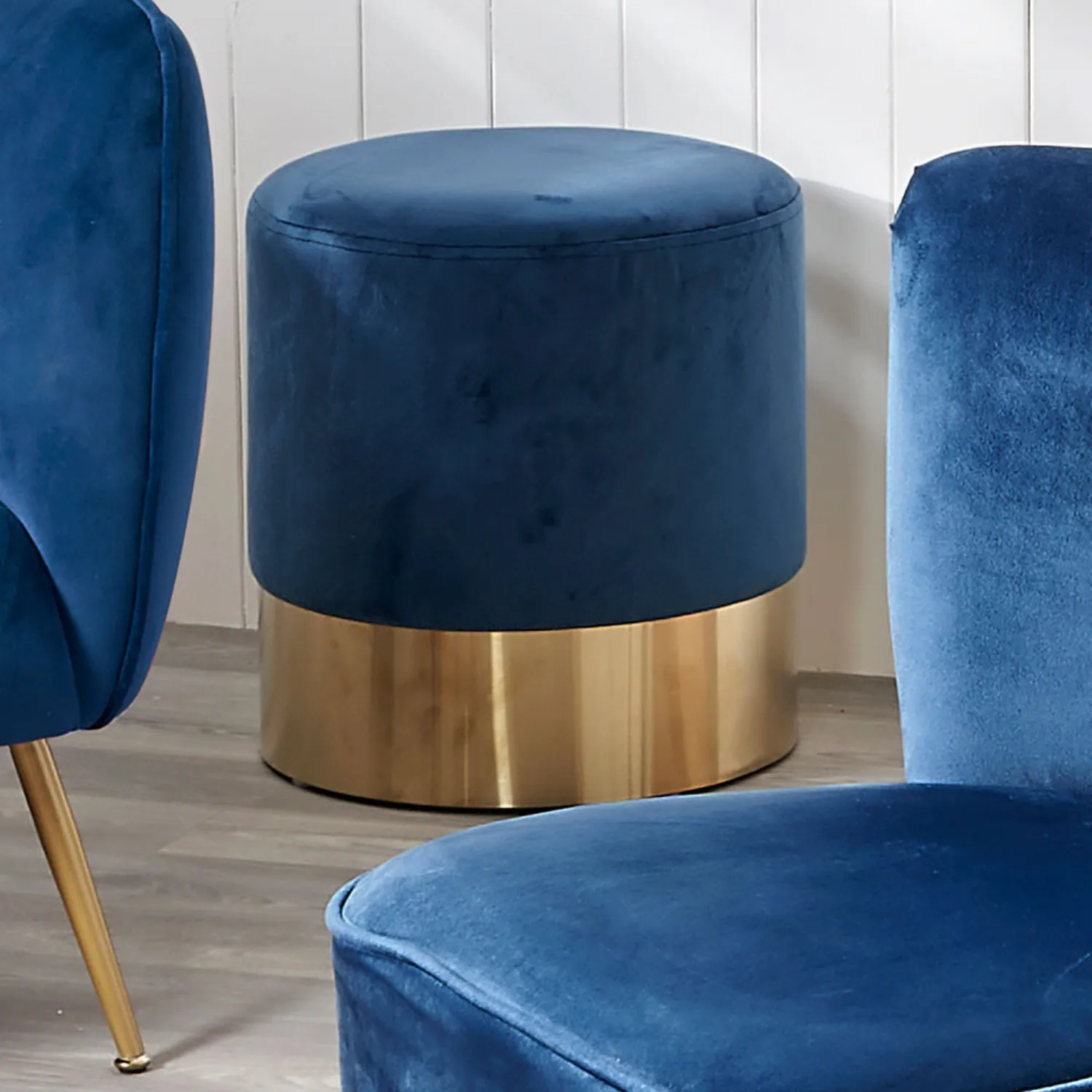 Blue Velvet Fabric Round Pouffe with Gold Metal Base