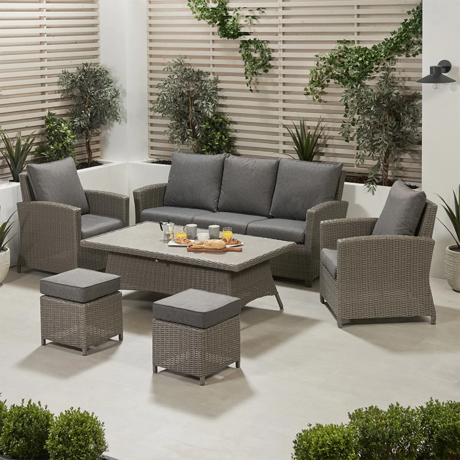 Grey Rattan Garden 3 Seater Lounge Sofa with Rising Table
