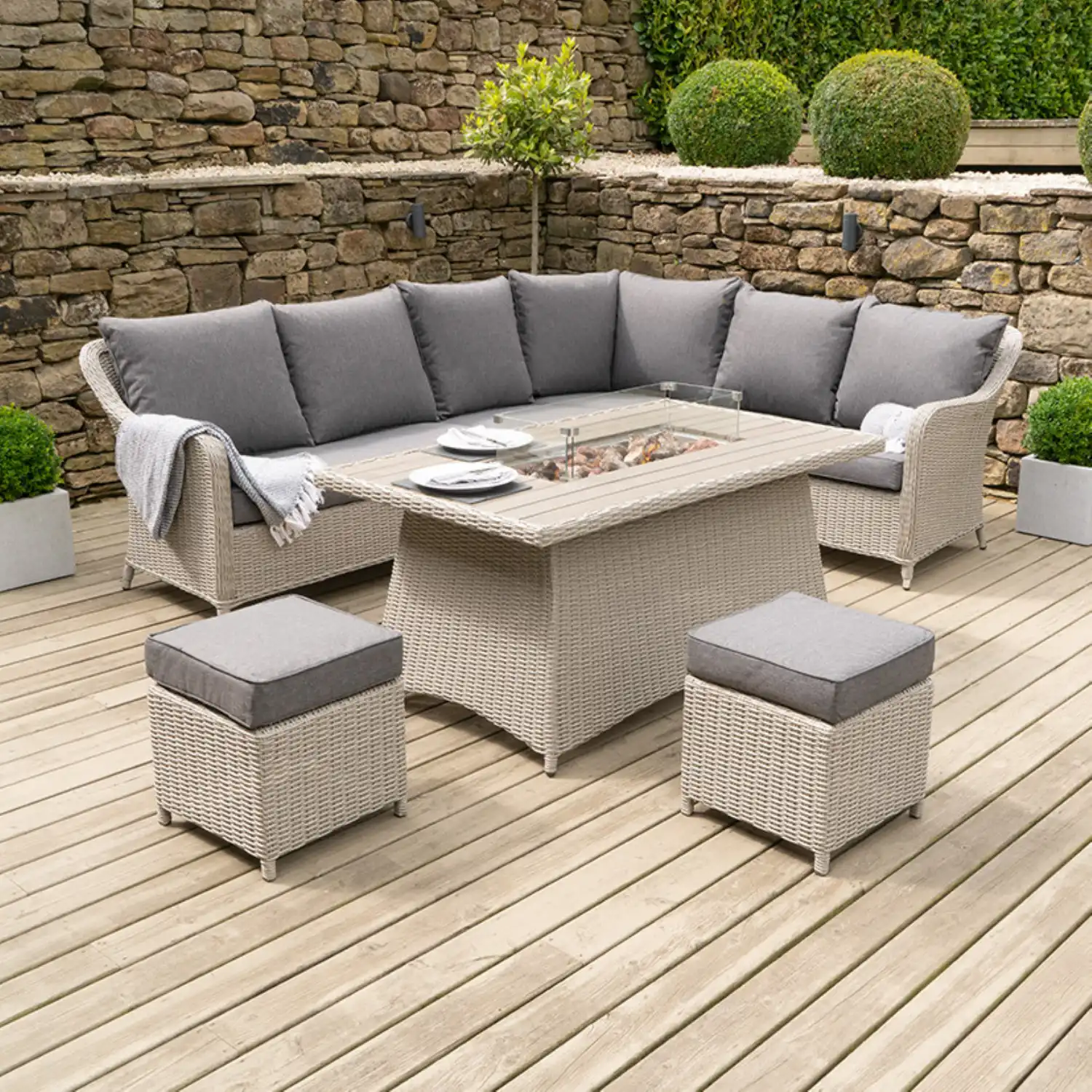 Grey Rattan Corner Dining Set with Fire Pit