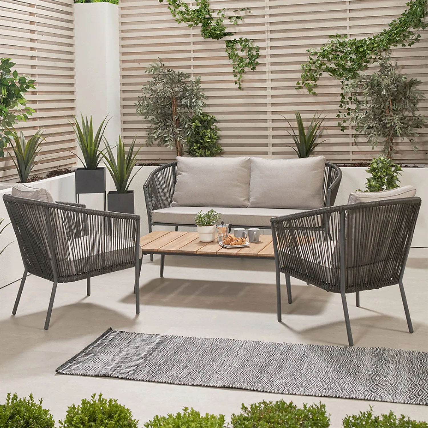 Grey Poly Rope Garden Lounge Sofa Set with Coffee Table