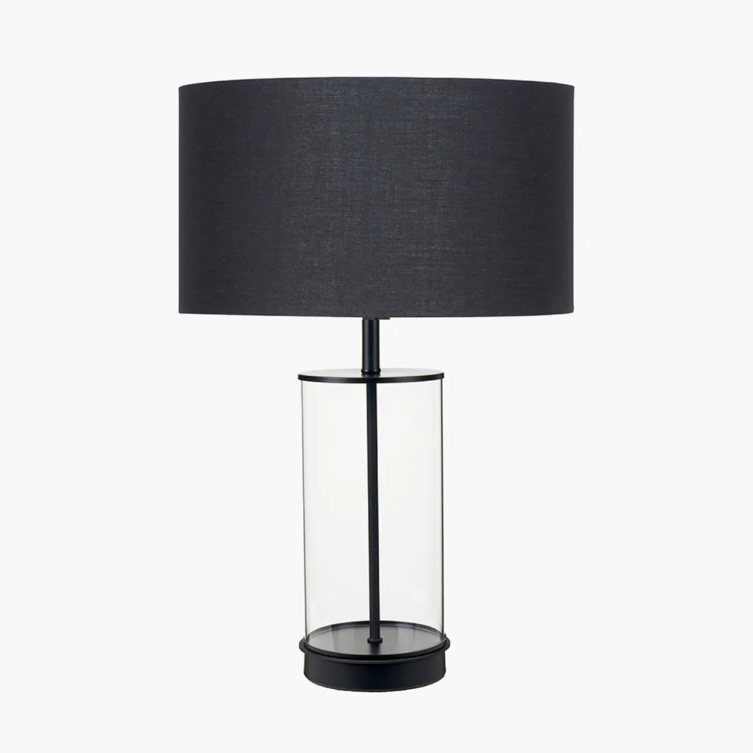 Westwood Clear Glass and Black Metal Table Lamp with Harry 35cm Black Poly Cotton Cylinder Drum Shade