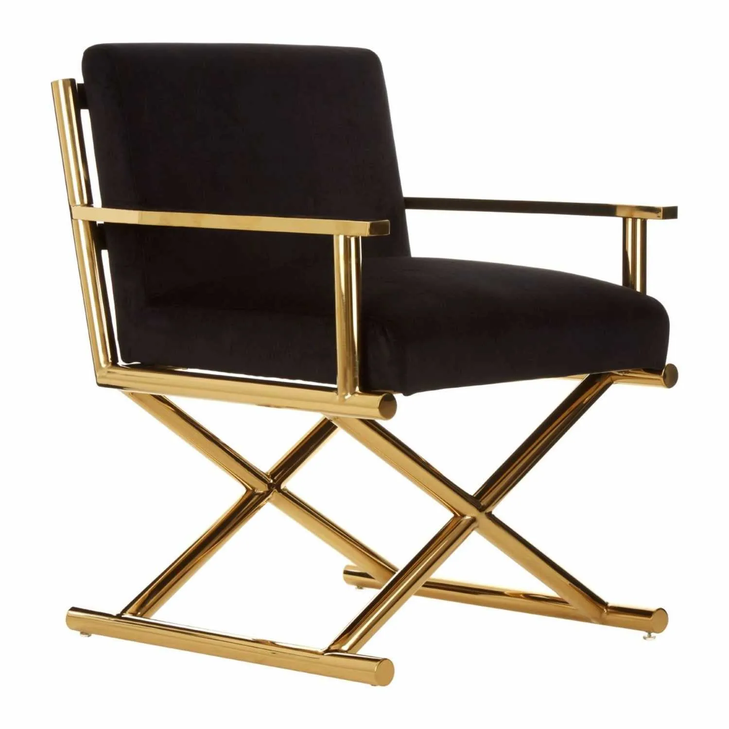 Modern Hendricks Black Velvet Chair On Gold Stainless Steel Cross Legs