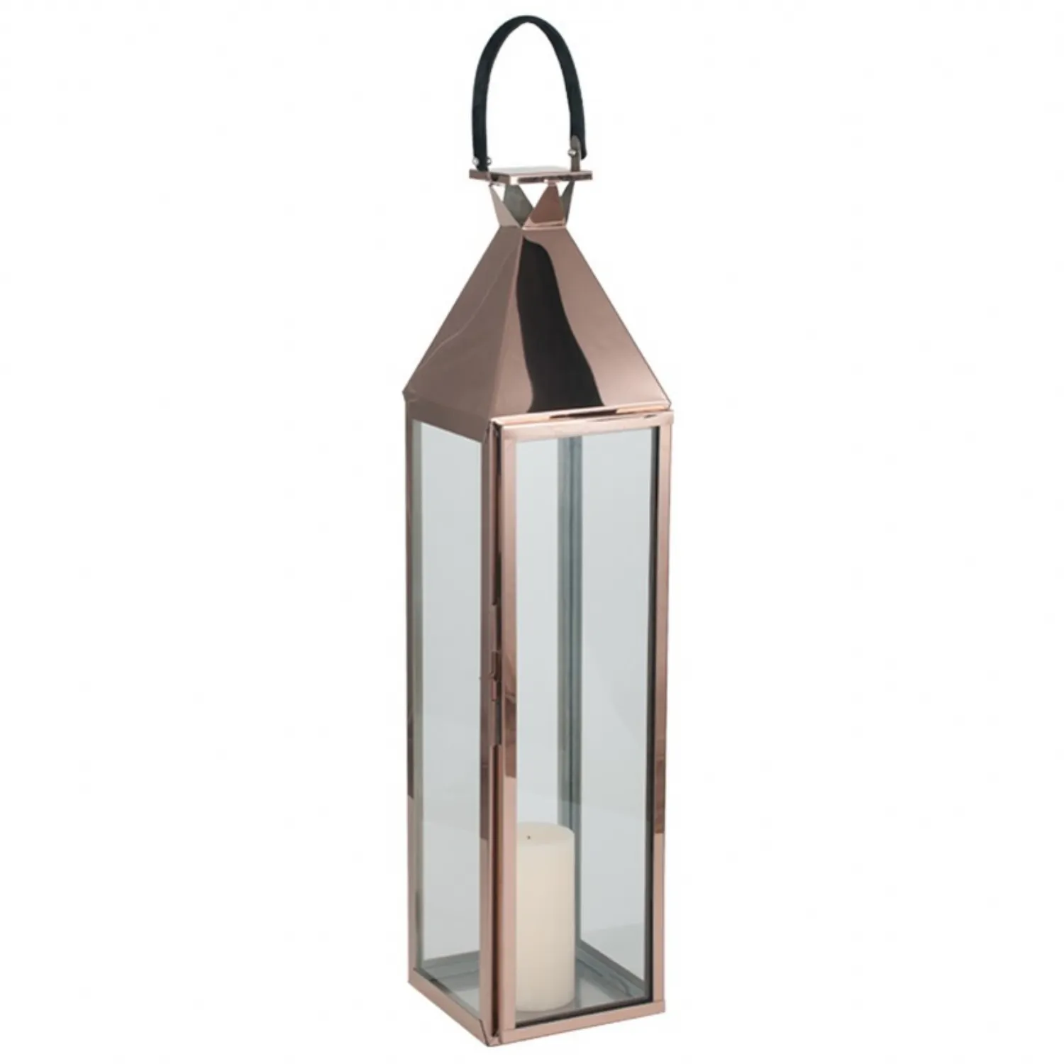 Copper and Glass Large Lantern with Candle Holder