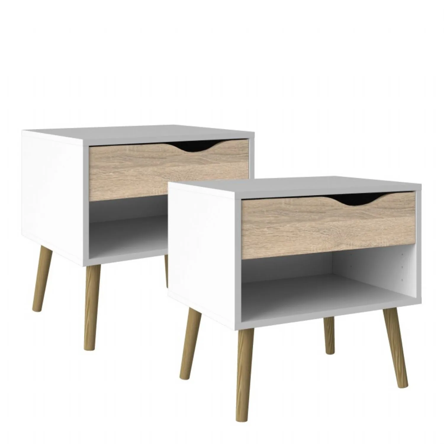 Set of 2 White and Oak 1 Drawer Bedside Tables with Shelf