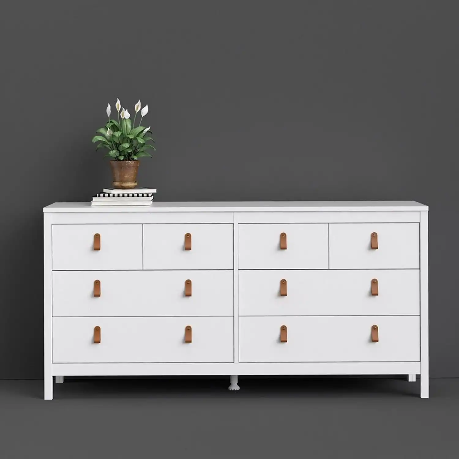 White Wide 8 Drawer Chest of Drawers Brown Tab Handles