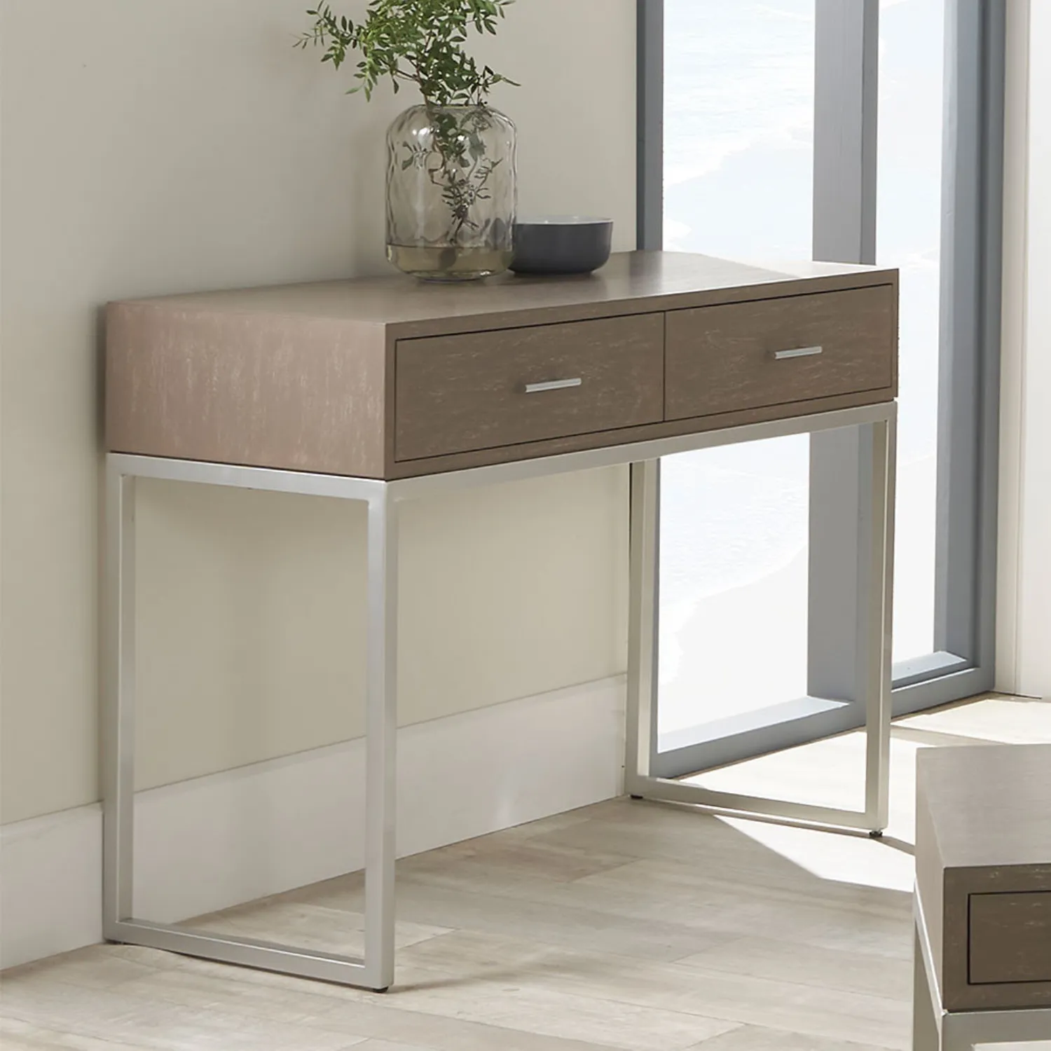 Grey Wash Wood and Silver Metal 2 Drawer Console Table