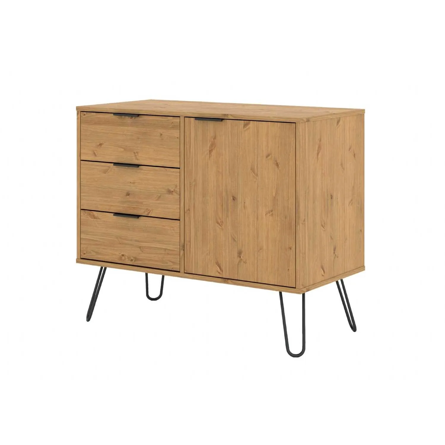 Small Pine Sideboard Cupboard with 1 Door and 3 Drawers Metal Hairpin Legs