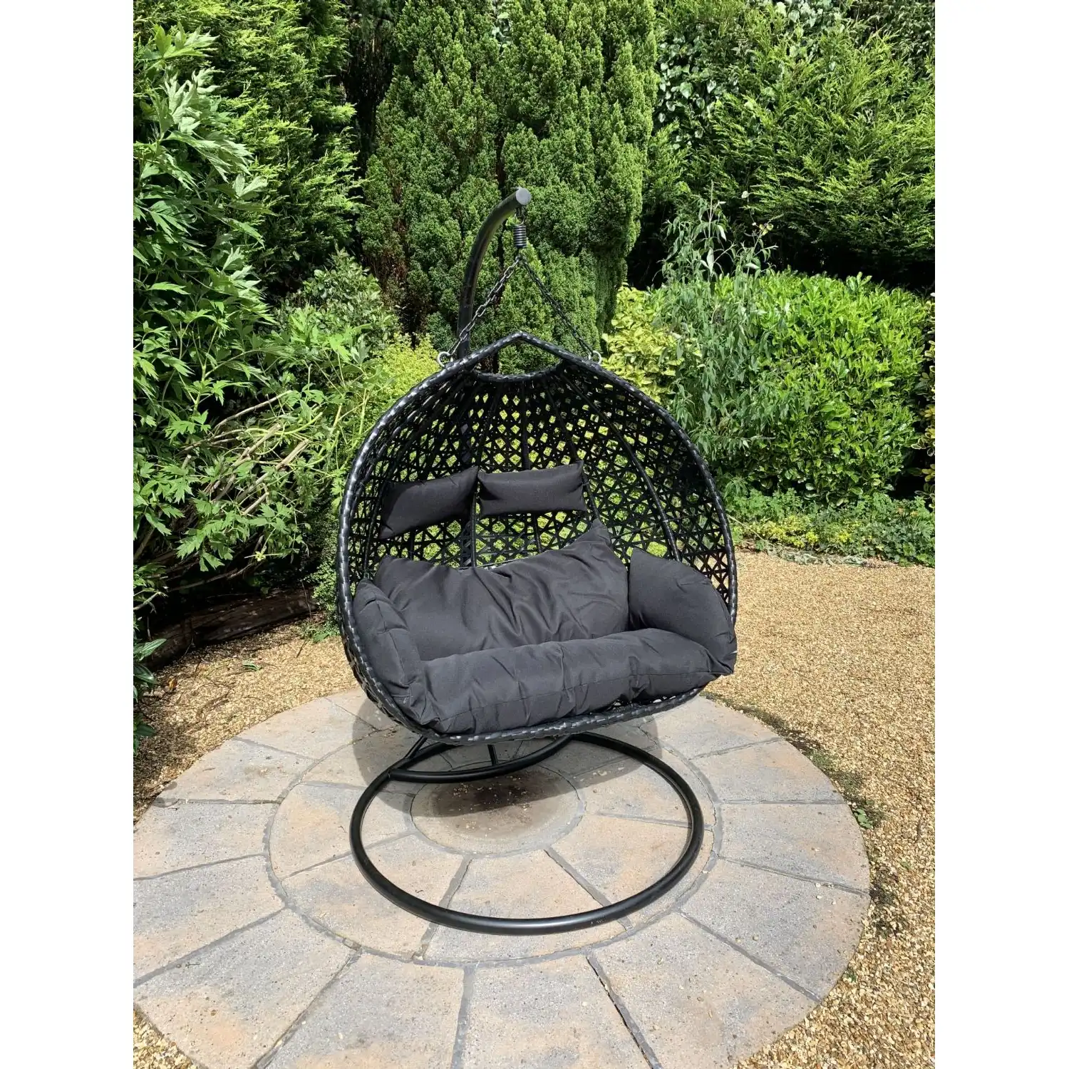 Double Swinging Rattan Egg Chair with Black Cushions