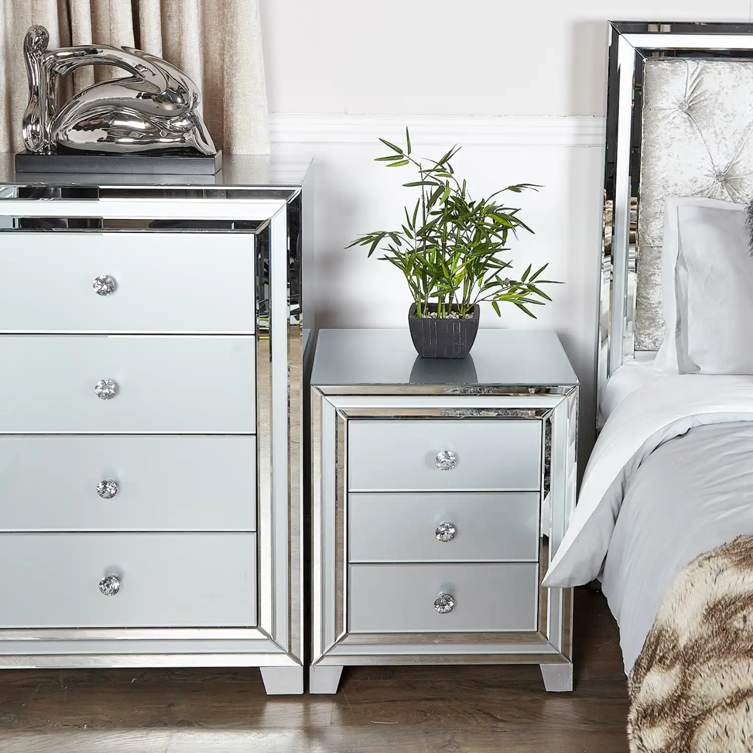Grey Mirrored Glass 3 Drawer Bedside Table