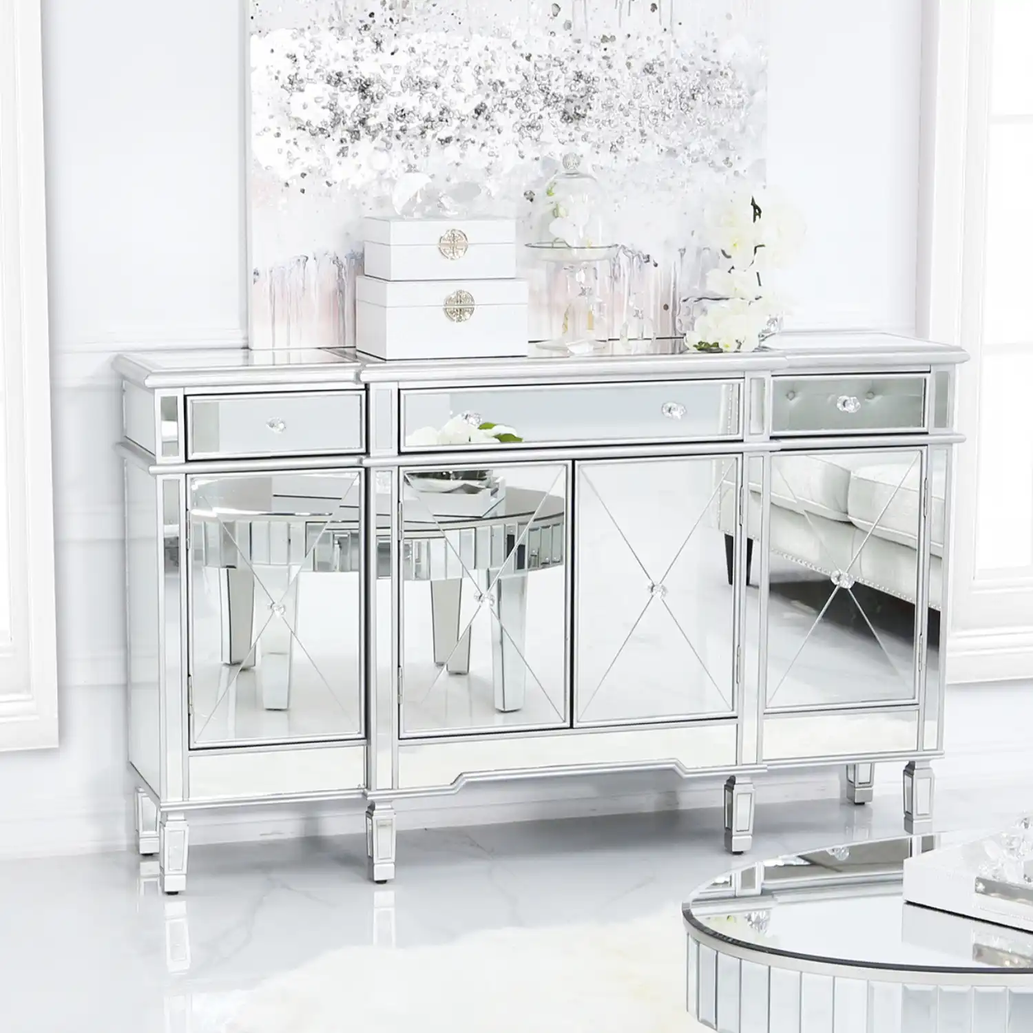 Large 4 Door Silver Mirrored Glass Sideboard