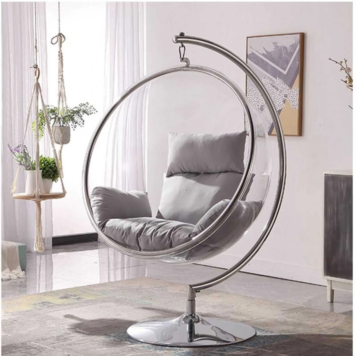 Clear Round Retro Hanging Bubble Chair On Steel Base with Grey Cushion