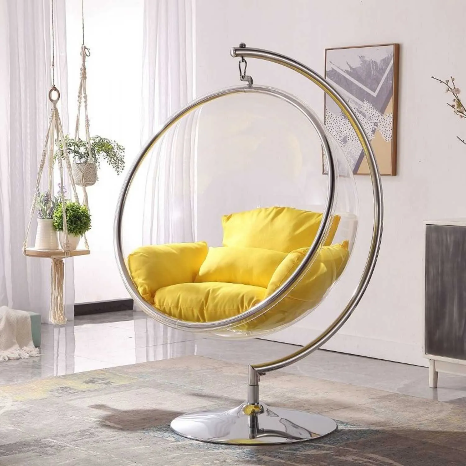 Clear Round Retro Hanging Bubble Chair On Steel Base Yellow Cushion