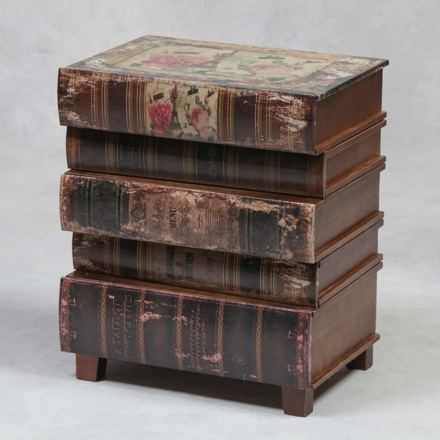 Aged Vintage Antique Style Stacked Books Bedside Lamp Table Chest of 5 Drawers