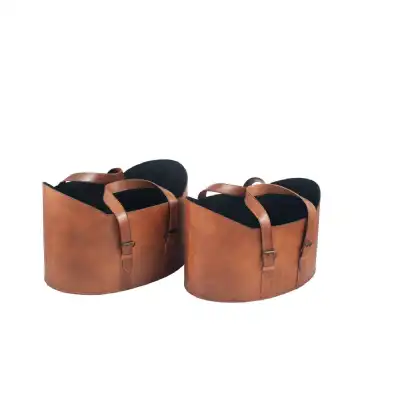 Vintage Style Brown Leather Set of 2 Handled Storage Baskets