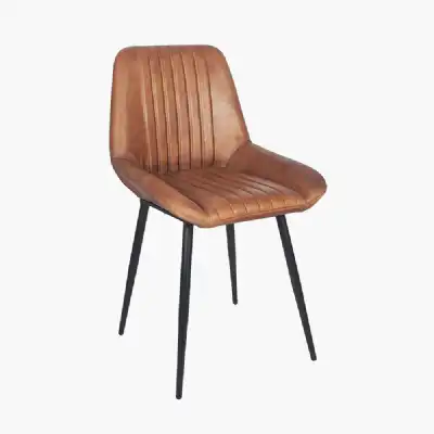 Retro Vintage Brown Leather Dining Chair Black Metal Legs