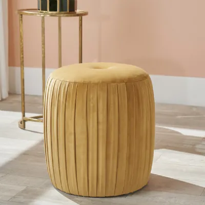 Gold Velvet Buttoned Pleated Cylinder Pouffe