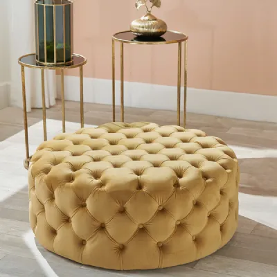 Large Gold Velvet Upholstery Round Buttoned Pouffe