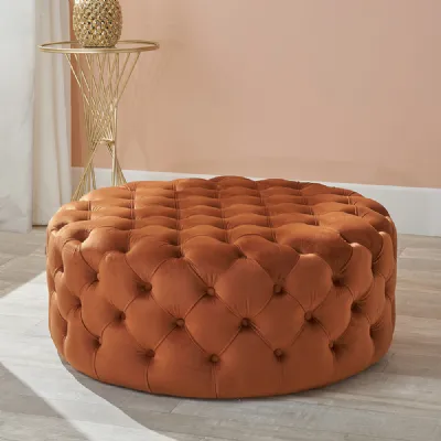 Large Tobacco Velvet Upholstery Round Buttoned Pouffe