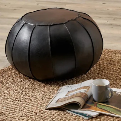 Ash Black Leather Round Occasional Pouffe