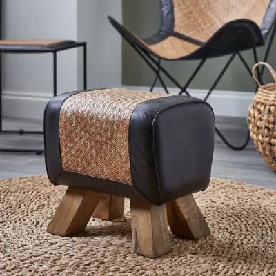 Black Leather Woven Rattan and Wood Stool