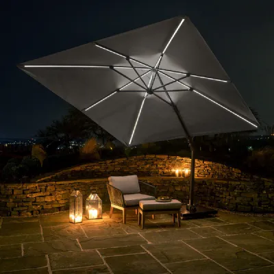 3m Square Light Grey Premium Outdoor Parasol LED lighting