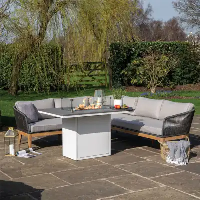 White Metal Garden 120cm Fire Pit Dining Table Grey Top