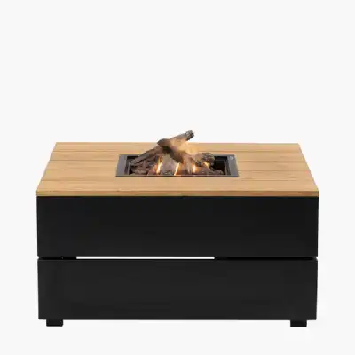 Black Metal Garden Square Fire Pit Table with Wood Top