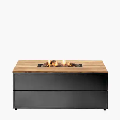 Black Metal Garden Rectangular Fire Pit Table with Wood Top