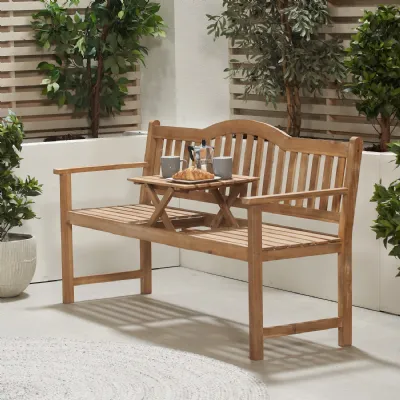 Light Teak Wooden Outdoor Bench with Pop Up Centre Table