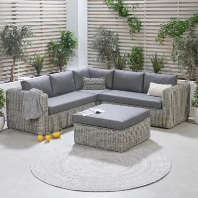 Grey Rattan Garden Corner Sofa Set with Square Stool