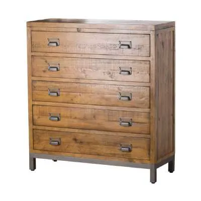 The Draftsman Collection Brown Pine Wood 5 Drawer Chest On Grey Metal Legs 120 x 110cm
