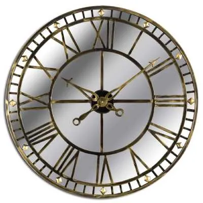 Large Round Antique Brass Mirrored Glass Skeleton Wall Clock 80cm Diameter