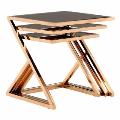 Metal Rose Gold Finish Nest Of 3 Tables With Black Glass Tops
