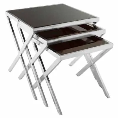 Ackley Chrome Finish Stainless Steel Nesting Tables Black Glass Top