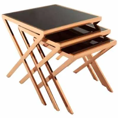 Set Of 3 Square Cross Designed Ackley Rose Gold Metal Nesting Tables