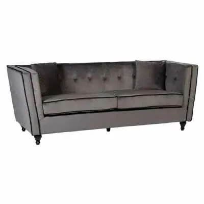 Modern Retro Large Grey Velvet Fabric 3 Seat Sofa Button Tufted