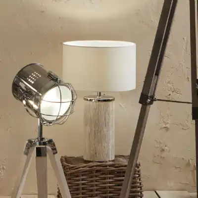 White Wash Wood Column Table Lamp with Cotton Shade