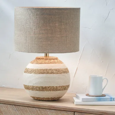 Cream and Natural Striped Seagrass Round Table Lamp