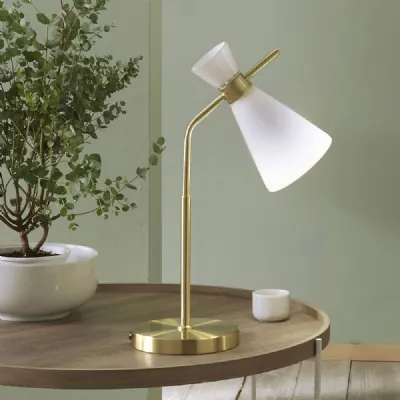 White Glass and Champagne Gold Metal Waisted Table Lamp