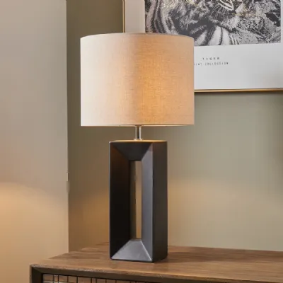 Matt Black Ceramic Table Lamp with Neutral Cotton Shade