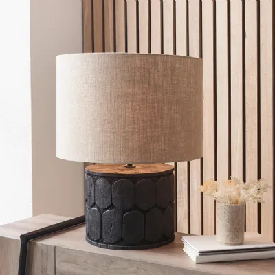Embossed Patterned Black Wood Wide Table Lamp Base Only