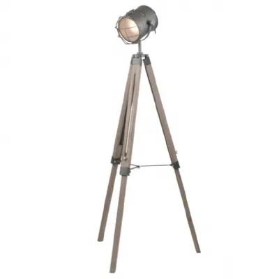 Grey Metal and Wood Tripod Adjustable Floor Lamp