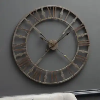 Antique Grey Round Metal Skeleton Wall Clock Roman Numerals